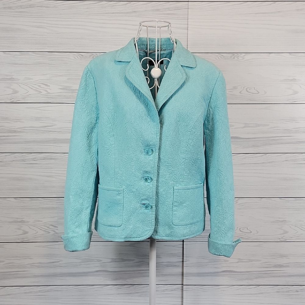 Tesori Turquoise Blue Jacket Blazer 100% Cotton Textured Womens Size L